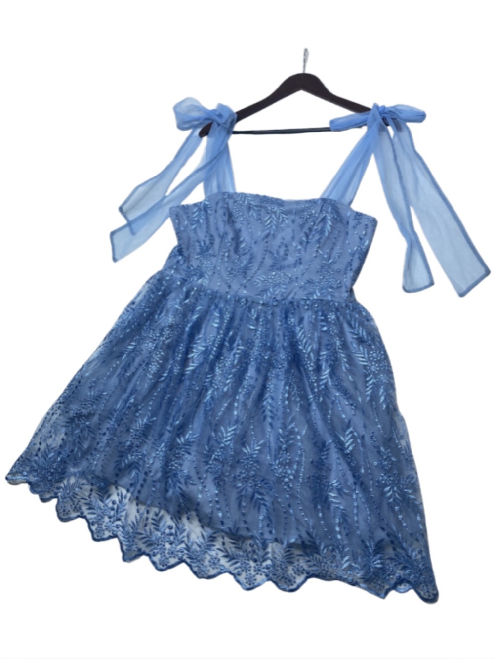 Audrey Parks Blue Floral Tulle Tie Shoulder Mini Dress Women's XL - Picture 2 of 12